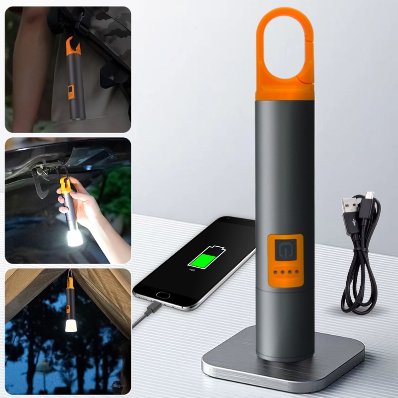 Senter Zoom Teleskopik Laser Putih Dengan Kap Lampu/3Mode Lampu Gantung Camping Light Outdoor/Lampu Tenda USB Aluminium/Aksesoris Luar Ruangan Pencahayaan LED Untuk Hiking &amp; Memancing