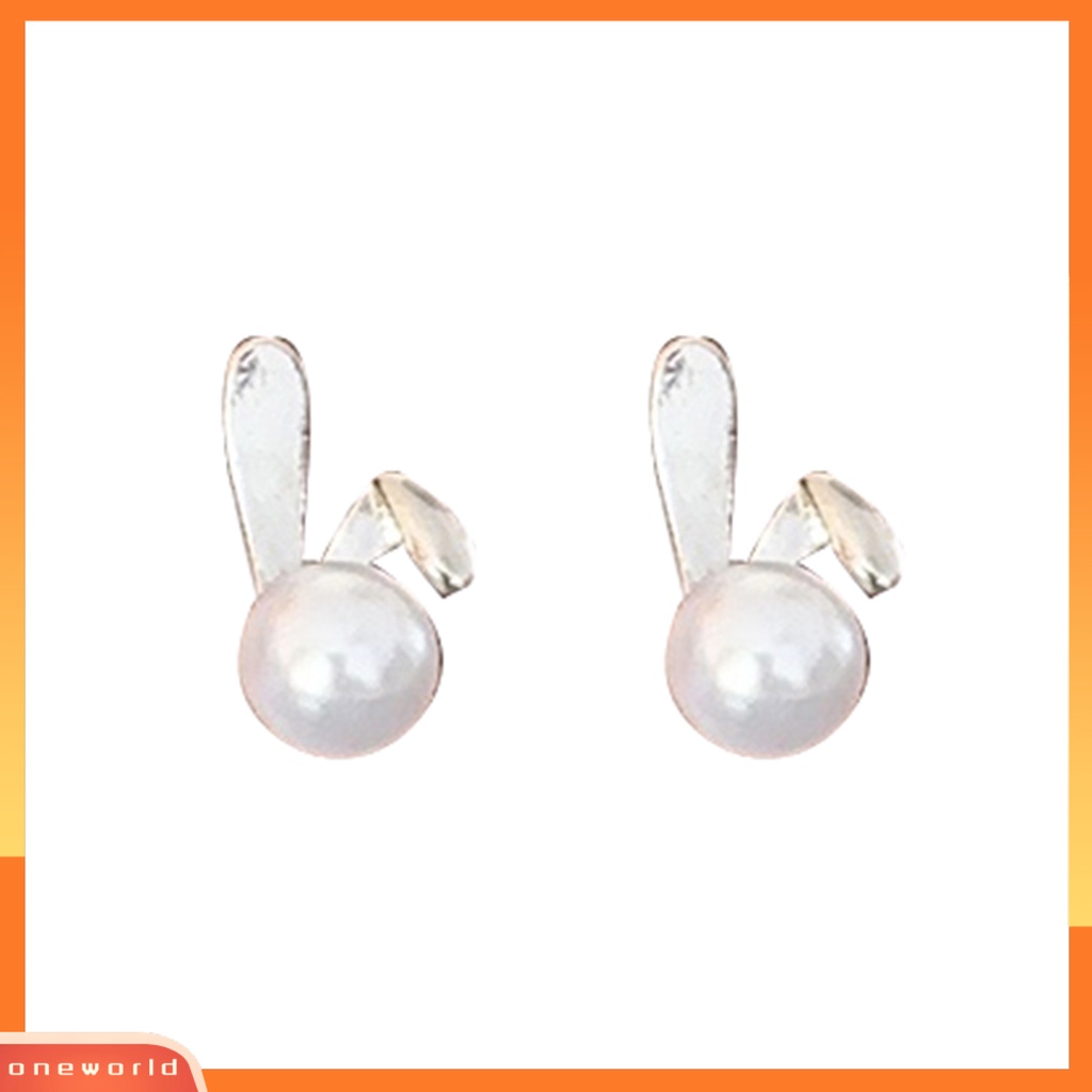 [ONE] 1pasang Cute Rabbit Ear Studs Shiny Faux Pearl Kecil Alloy Wanita Remaja Perempuan Stud Earrings Fashion Perhiasan Hadiah
