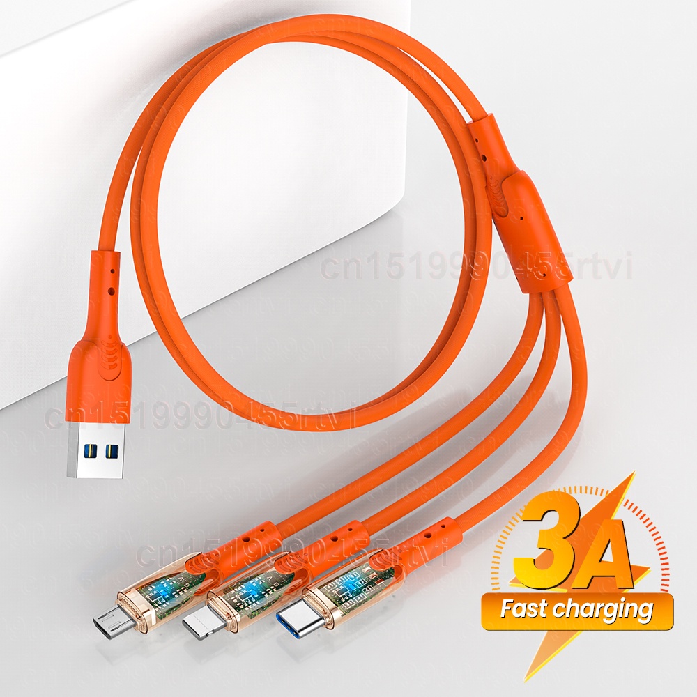 Kabel Data Charger Lampu Indikator Transparan Pengisian Cepat 3A 3in1 Cocok Untuk Huawei Samsung Xiaomi iPhone Charging Cable