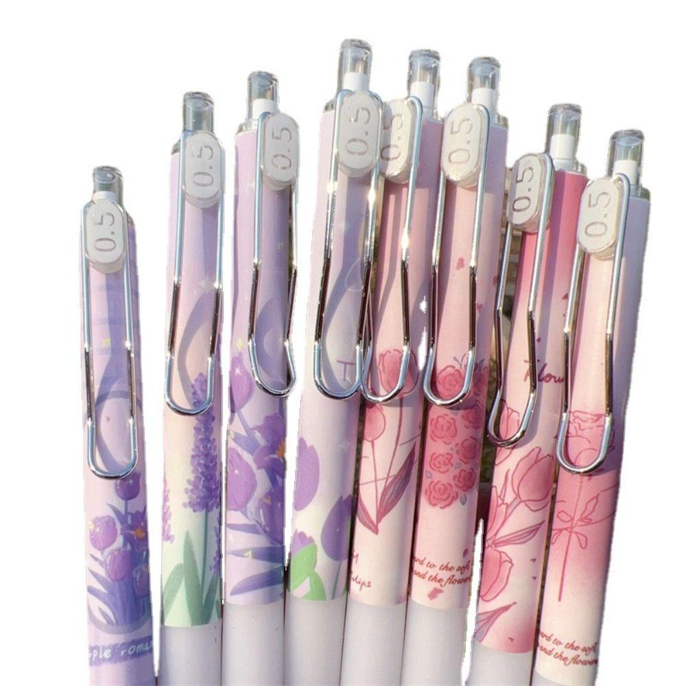 SUYO 4pcs /Set Gel Pens Rose Kartun Dengan Klip Alat Tulisan Tinta Hitam Press Type Signature Pen
