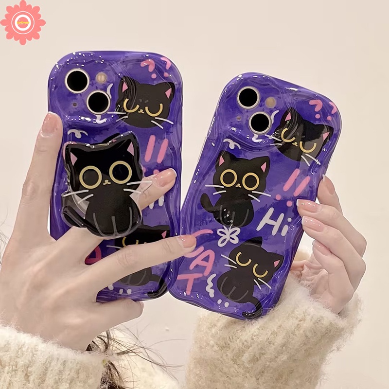 Case Kucing Lucu Kartun Dengan Bracket Untuk Oppo A17 A7 A15 A12 A16K A5 A9 A16s A3s A95 A5s A16 A57 A17k A96 A54s A54 A74 A31 A53 A55 A92 A1k A16E A77 A52 A76 3D Penutup Tepi Bergelombang Lengkung