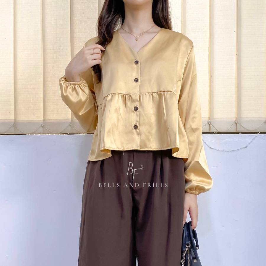 FELICIA V Neck Blouse - Atasan Satin Longsleeve / Atasan Casual Korean Look 0432
