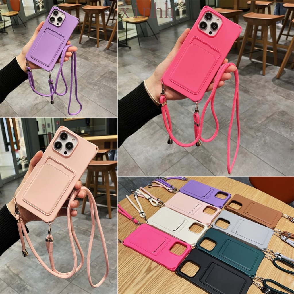 IPHONE Case Slot Kartu Lanyard Anti Jatuh Kuat Cocok Untuk Iphone14 13 12 11 Pro Max Perlindungan Lensa Tali Diagonal Penyimpanan Kartu Soft Case