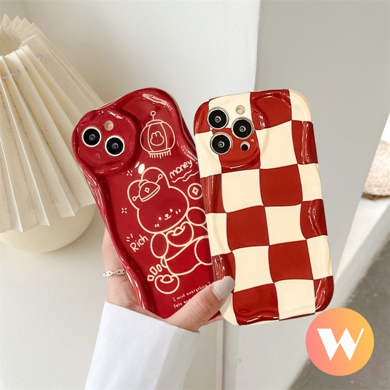 IPHONE 3d Wavy Curved Edge Glossy Cover Kompatibel Untuk Iphone12 14 Pro Max13 11 XR X SE 2020 7Plus 7 6S 6 8 Plus XS MAX Kartun Tahun Baru Kelinci Lucu Yang Kaya Kotak-Kotak Casing Ponsel