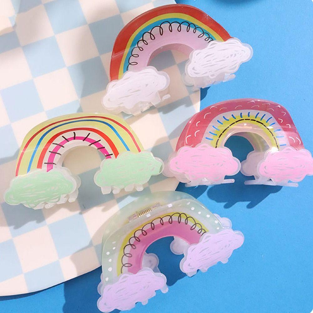 Nickolas1 Rainbow Hair Claw Cute Elegant Ins Bentuk Setengah Bulan Warna Permen Korea Hairgrip Geometris Akrilik Printing Jepit Rambut