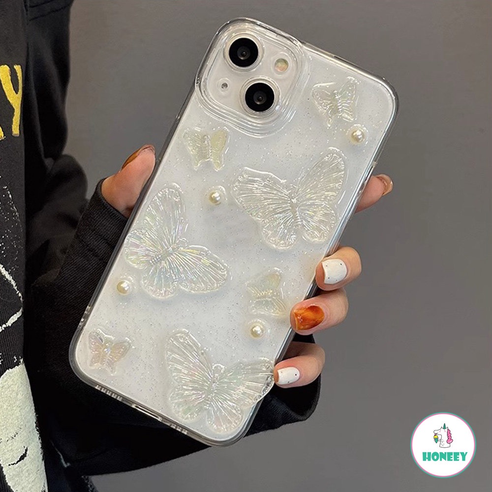 3d Butterfly Glitter Lem Bening Ponsel Case Untuk iPhone 11 Pro Max13 12 14 Pro Max XR X Xs Max7 8 Plus SE Lembut TPU Penutup Belakang