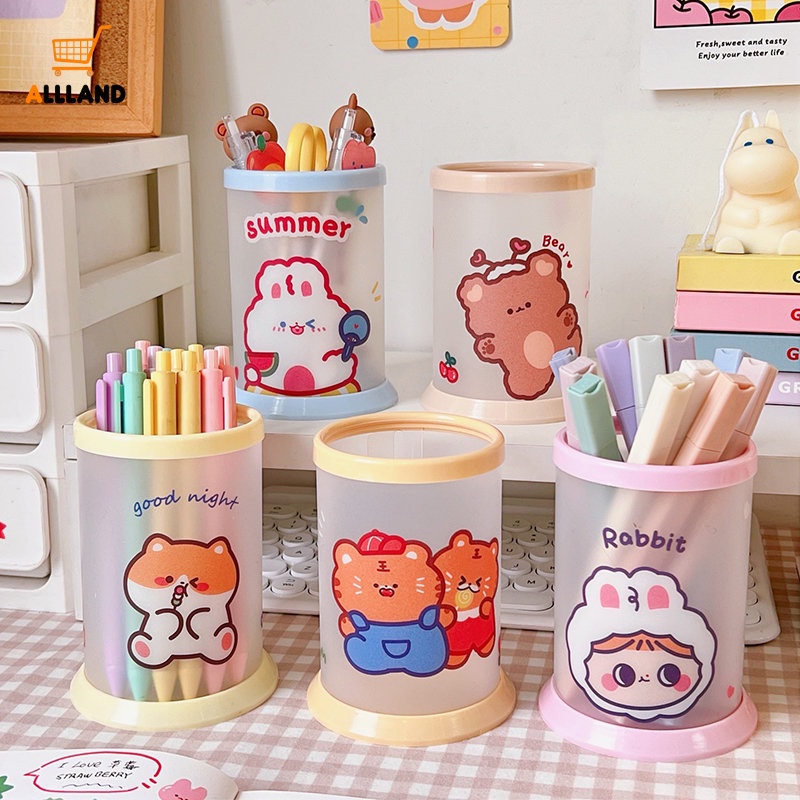 Creative Cartoon Series PP Translucent Round Pen Holder/ Desktop Storage Wadah Pensil Alat Tulis/ Kotak Penyimpanan Brushes Kosmetik Serbaguna