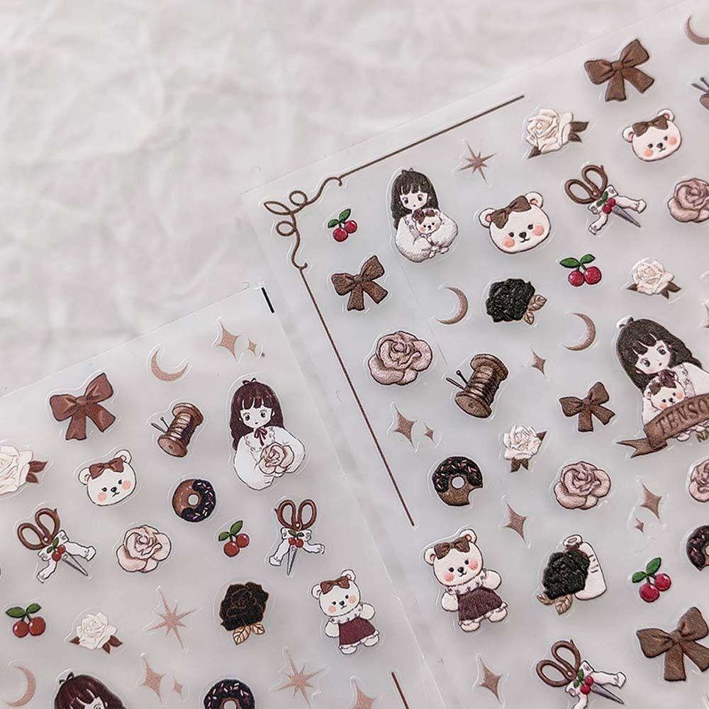 Agustina Kartun Stiker Kuku 3D Relief Perekat Diri Buah Strawberry Bear Dessert Dekorasi Kuku