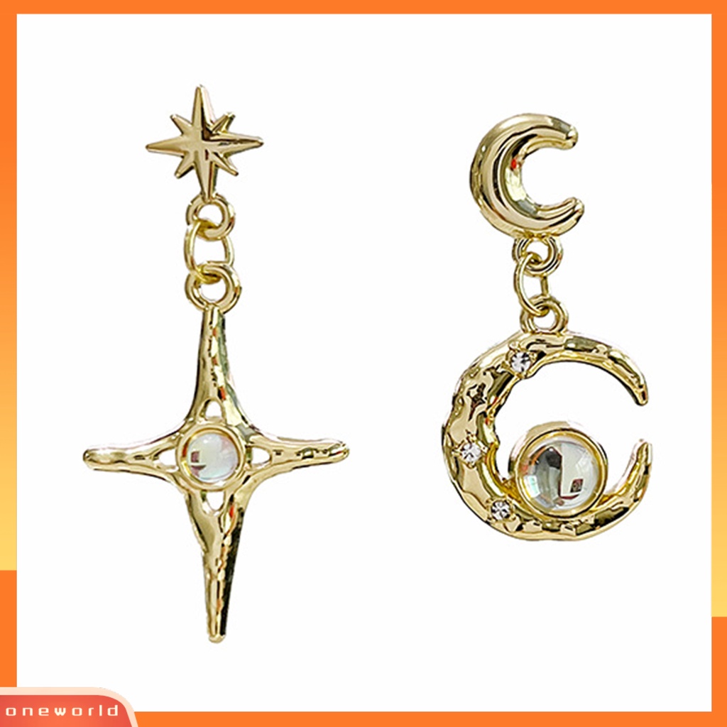 [WOD] 1pasang Anting Menjuntai Asimetris Moonstone Glitter Hiasan Telinga Temperamen Berkilau Bulan Bintang Hias Berlian Imitasi Retro Stud Earrings Untuk Pacaran