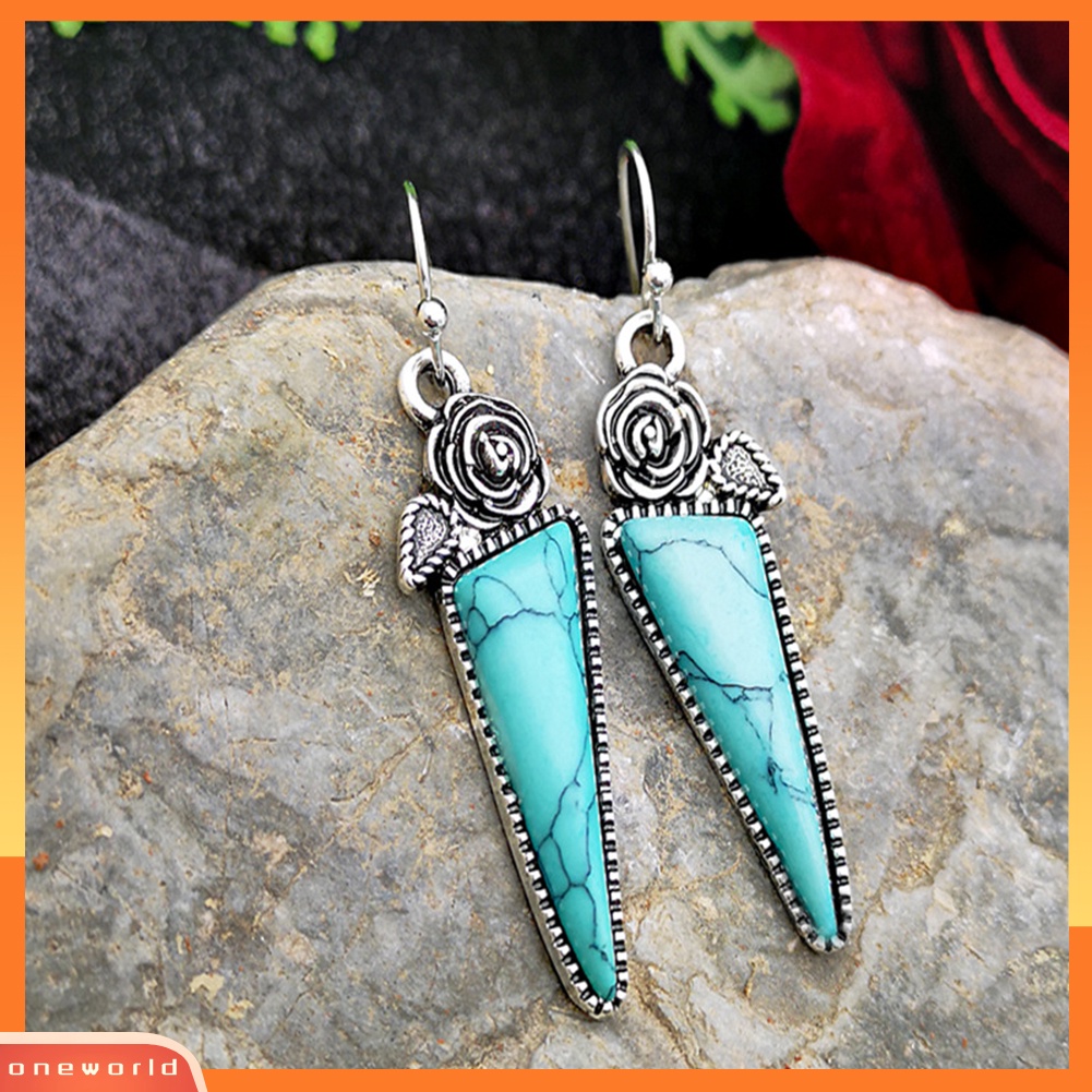 [WOD] Vintage Wanita Mawar Imitasi Pirus Segitiga Menjuntai Ear Hook Earrings Perhiasan