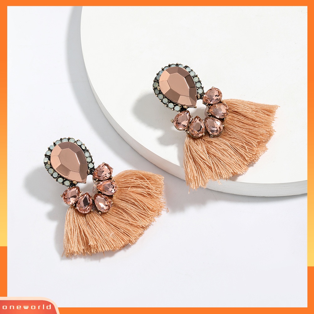 [WOD] Wanita Tetesan Air Berlebihan Berlian Imitasi Bentuk Kipas Rumbai Stud Earrings Jewelry