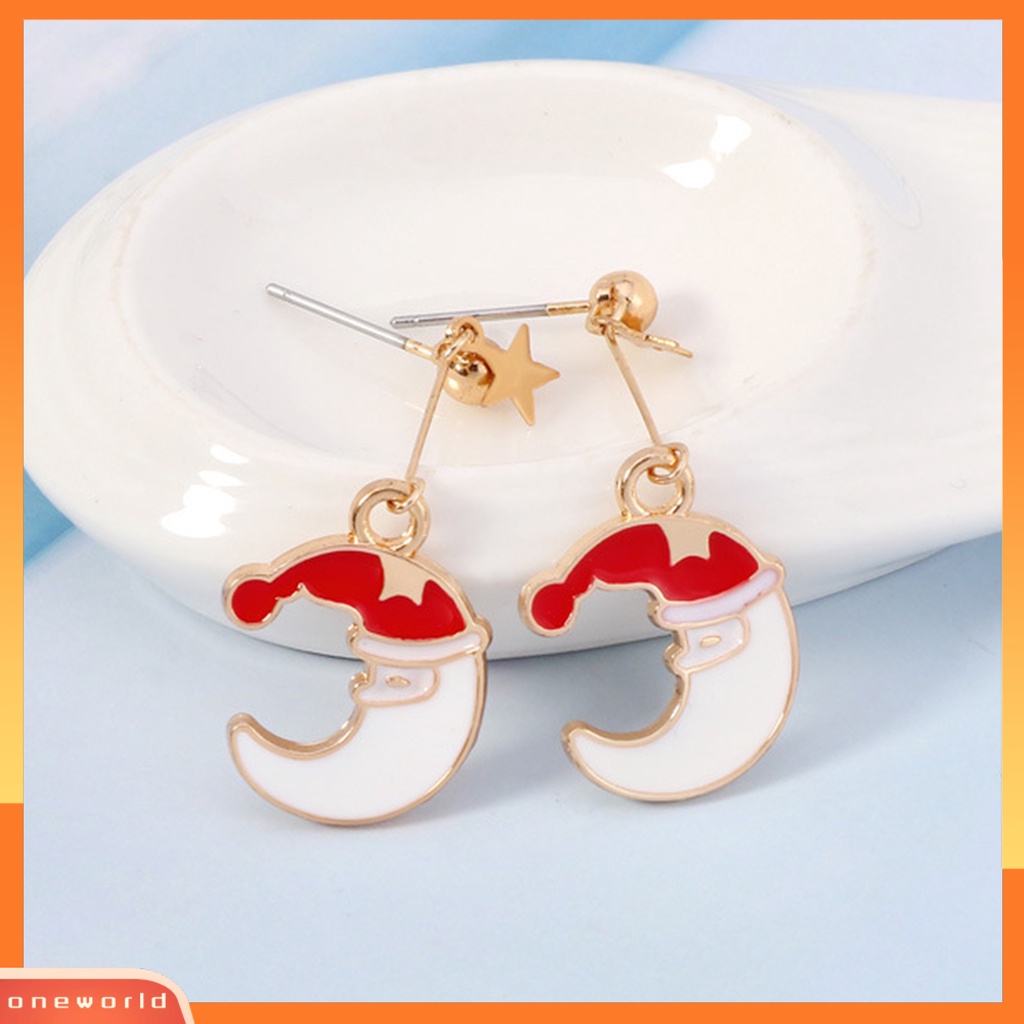 [WOD] Wanita Fashion Bentuk Bulan Topi Natal Anti-Alergi Ear Stud Menjuntai Anting