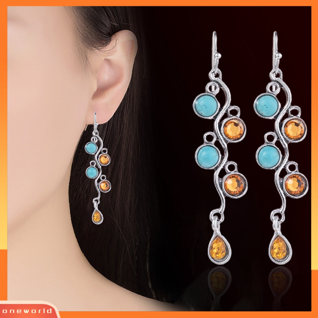 [WOD] 1pasang Anting Drop Vintage Hias Geometris Turquoise Decor Hook Earrings Untuk Pesta