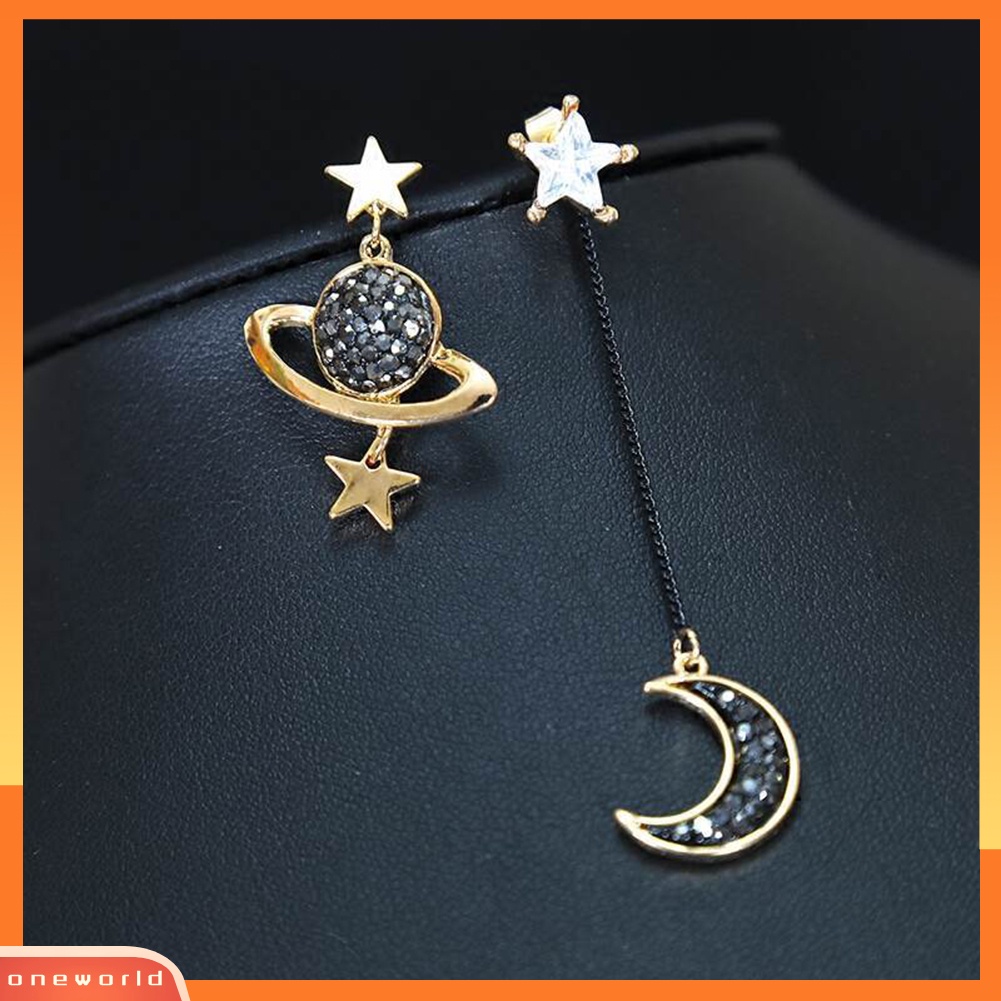 [WOD] Asimetris Rumbai Bulan Bintang Planet Berlian Imitasi Hias Wanita Stud Earrings Hadiah
