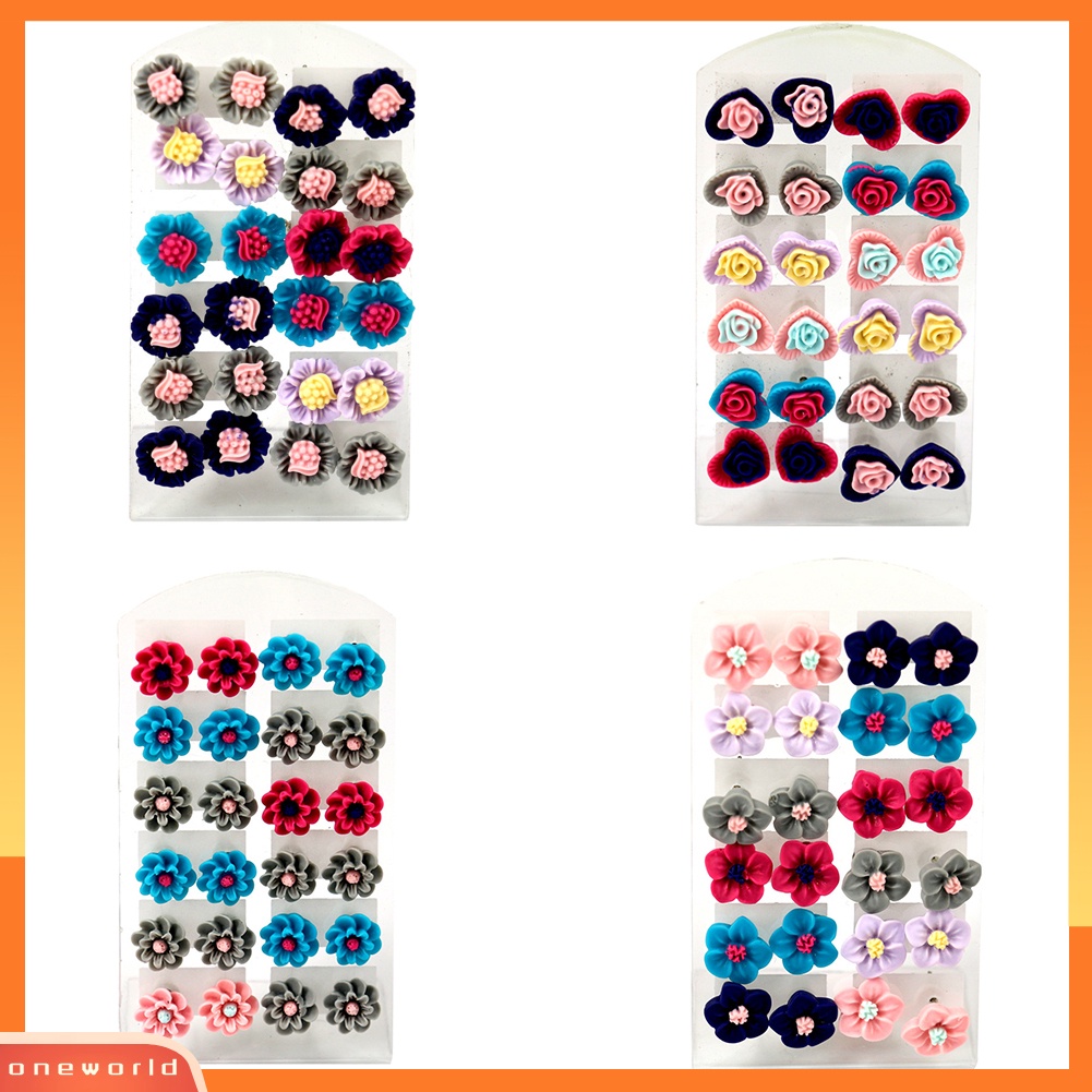 [WOD] 12pasang Fashion Multicolor Resin Bunga Telinga Stud Anting Set Perhiasan Wanita