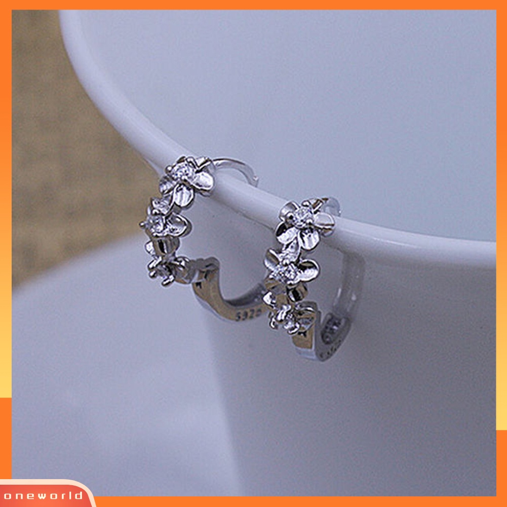 [WOD] Lady Sweet Flower 925 Sterling Silver Disepuh Berlian Imitasi Huggie Earrings Hoops