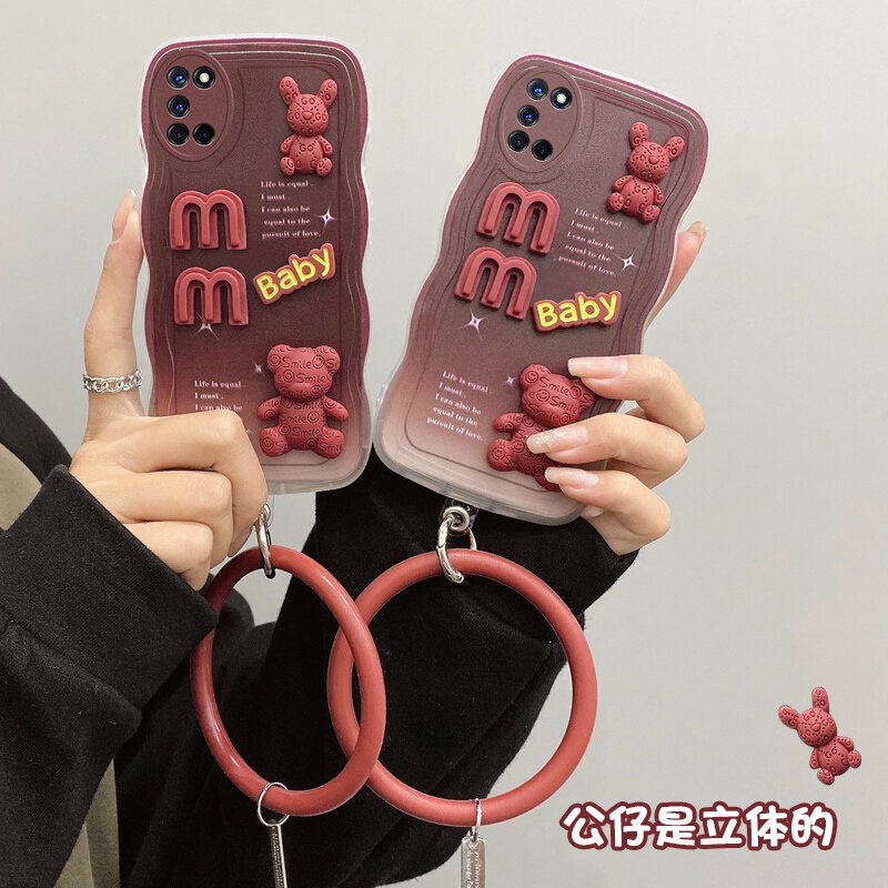 Desain Baru Untuk OPPO A52 A72 A92 Case 3D Cute Bear+ Solid Color Bracelet Fashion Premium Gradient Soft Phone Case Silikon Shockproof Casing Pelindung Penutup Belakang