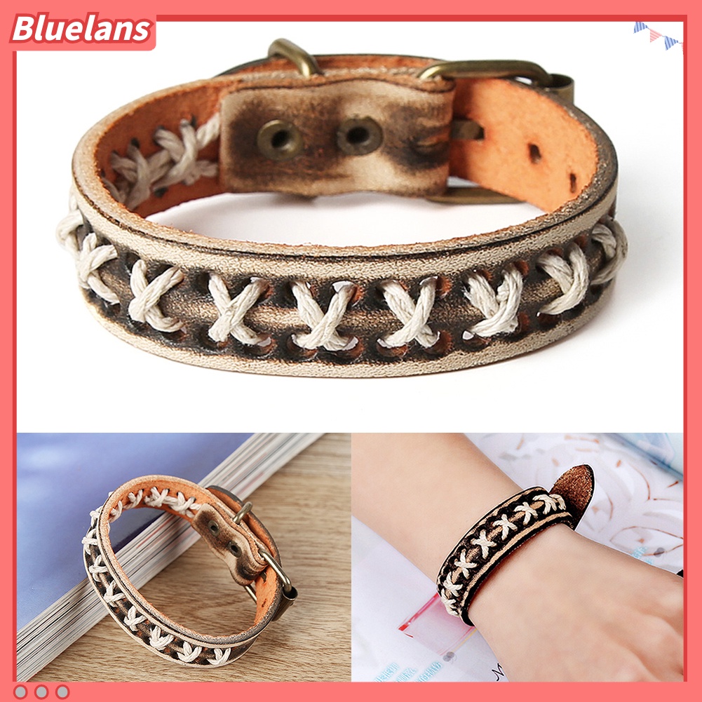 [BLS] Gelang Gesper Tali Kulit Rajut Unisex Punk Antik Wristband Cuff Bangle