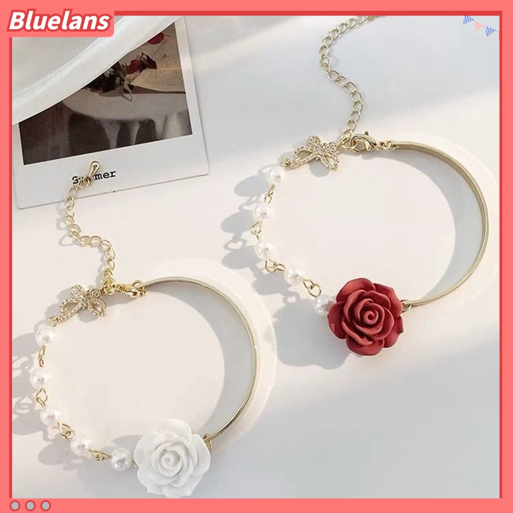 [BLS] Wanita Gelang Bunga Mawar Pesona Electroplating Tidak Luntur Busur Ornamen Mutiara Imitasi Dekorasi Adjustable Temperamen Perancis Niche Bermutu Tinggi Bangle Perhiasan Pesta