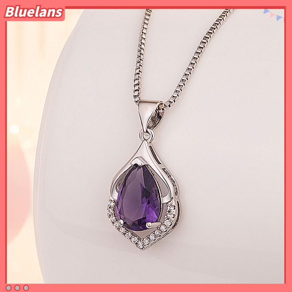 [BLS] Ungu Kristal Imitasi Wanita Kalung Berongga Paduan Bersinar Mewah Sweater Kalung Perhiasan Aksesoris