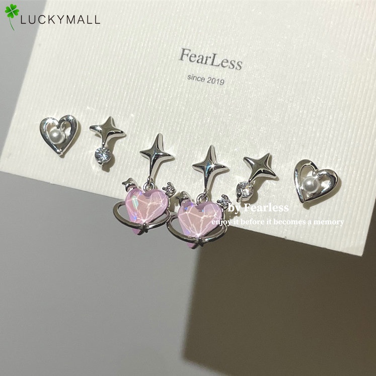 6 Pcs Fashion Pink Kristal Hati Salib Anting Set Untuk Wanita Hypoallergenic Korea Perak Anting Aksesoris Perhiasan