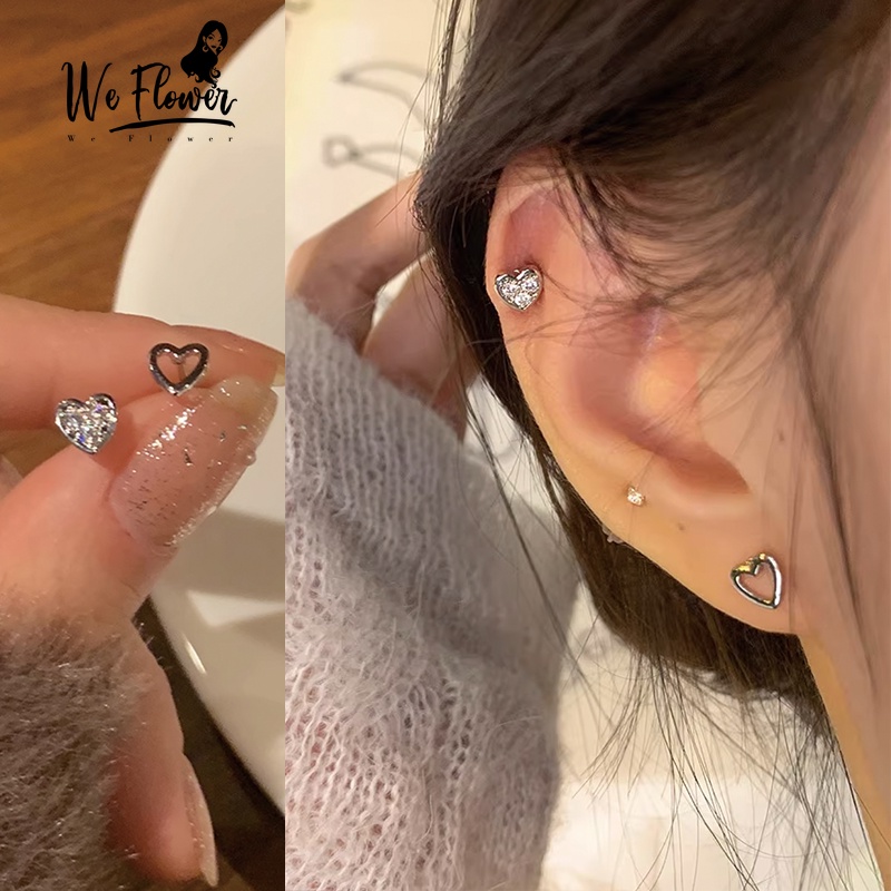 Kami Bunga 2 Pcs Korea s925 Perak Bola Kecil Bersinar Zirkon Jantung Stud Anting-Anting Untuk Wanita Perempuan Elegan Berongga Hati Ditindik Sekrup Anting-Anting Perhiasan Aksesoris