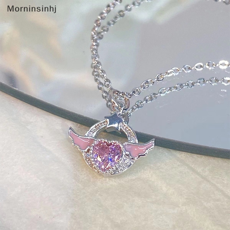 Mornin Warna Perak Kristal Sayap Malaikat Hati Liontin Kalung Wanita Gadis Sederhana Pink Zirkon Cinta Elegan Kalung Wanita Perhiasan id