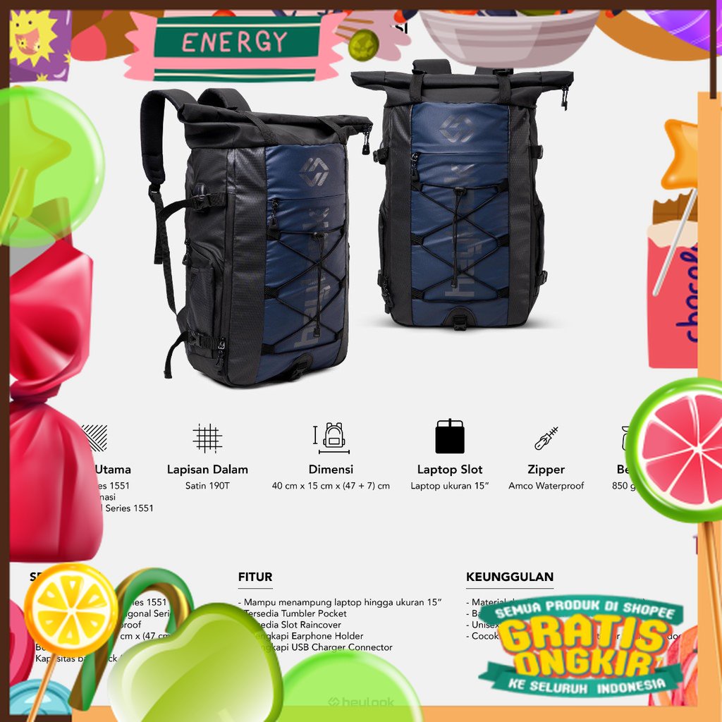 HEYLOOK Official - Tas Ransel Pria Waterproof Backpack Rockford Tas Outdoor Tas Punggung Anti Air An