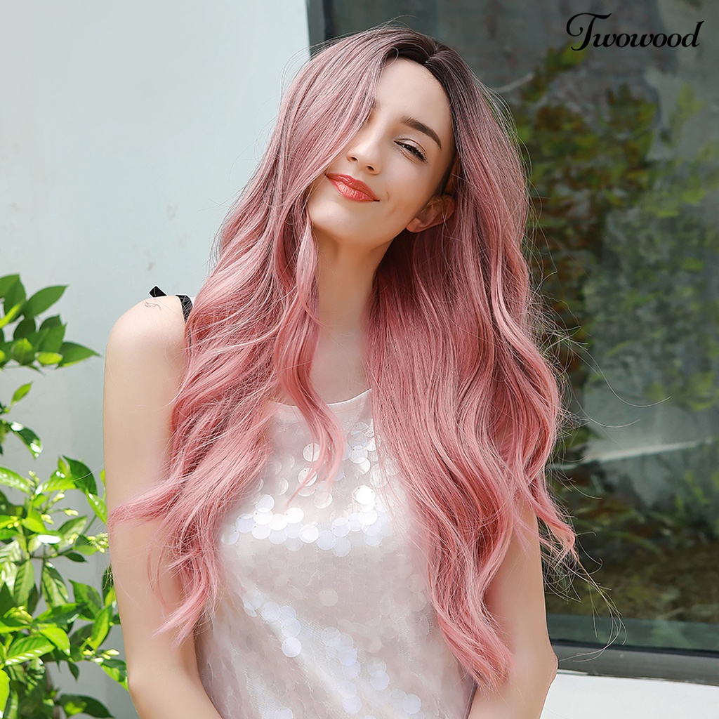 Twowood Wig Extension Rambut Sintetis Model Serat Air Bergelombang Panjang Suhu Tinggi Untuk Wanita