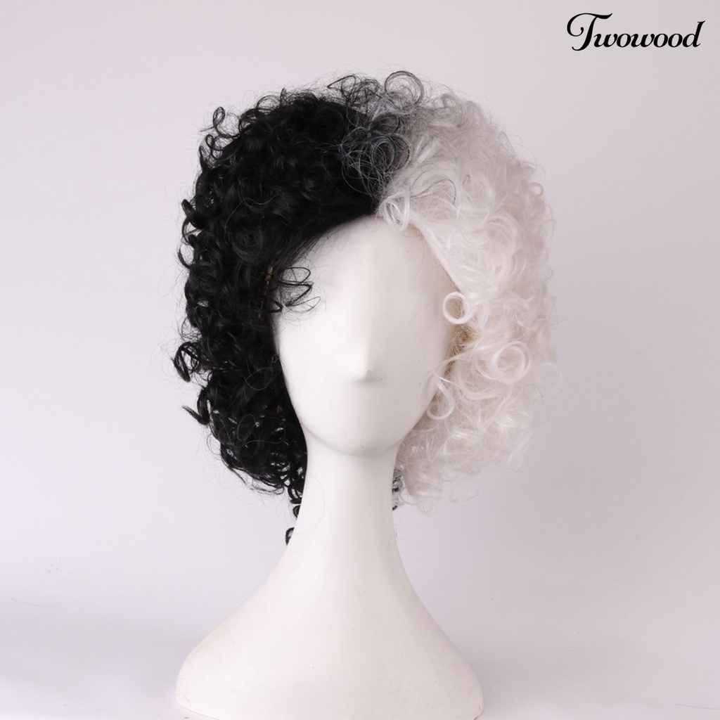 Twowood Cruella Wig Vivid Styles Wavy Skin-Friendly Deville Cosplay Wig Curly Half White Black Wig Untuk Perempuan