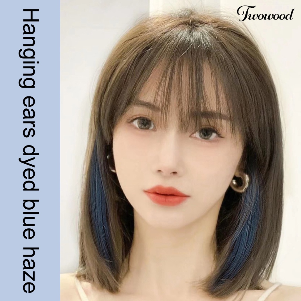 Twowood 1set Wanita Wig Berbulu Alami Tanpa Simpul Bernapas Rambut Styling Manusia Hidup Angka Delapan Poni Gantung Telinga Celup Wig Salon Pasokan