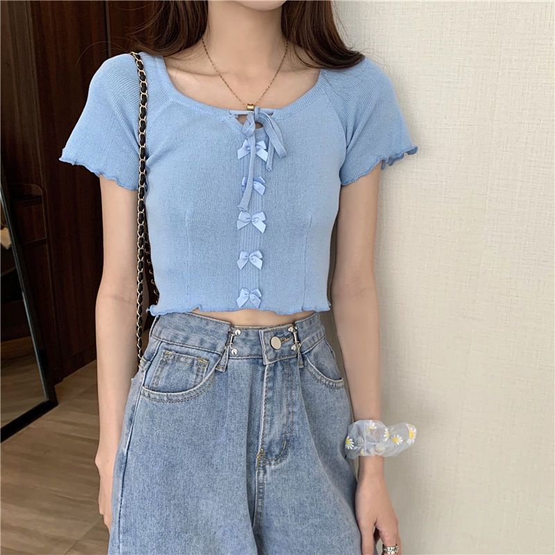 Baju Atasan Wanita Polos Lengan Pendek Premium Rajut Casual Crop Top