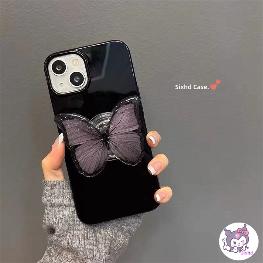 IPHONE Kompatibel Untuk Iphone14 13 12 11 Pro Max SE2020 X Xr Xs Max8 7 Plus Gaya Baru Ins Fashion Hitam Butterfly Phone Case +Lanyard +Bracket Lembut Anti Jatuh Pelindung TPU Cover