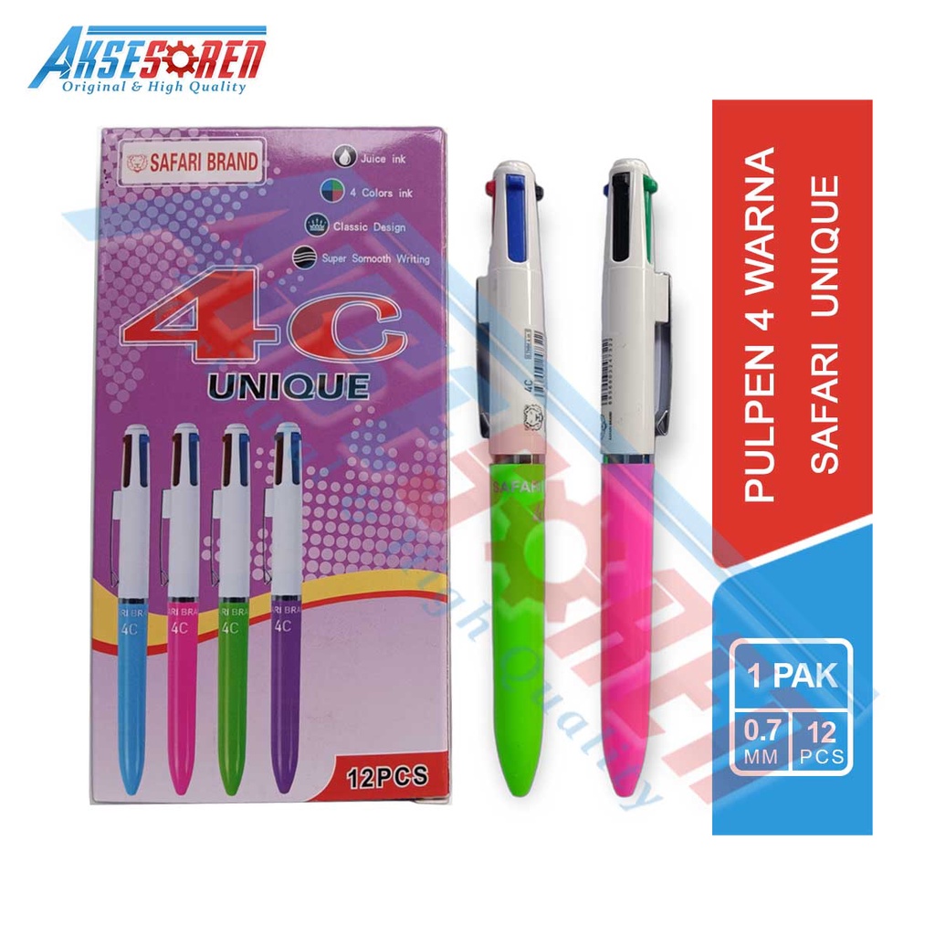 

Aksesoren Pulpen 4 Warna Safari Unique 4C [1 Pack/12 Pcs] / Bolpen Warna Warni / ATK Alat Tulis Sekolah / Ballpoint Tinta Hitam Biru Hijau Merah 1 Pak