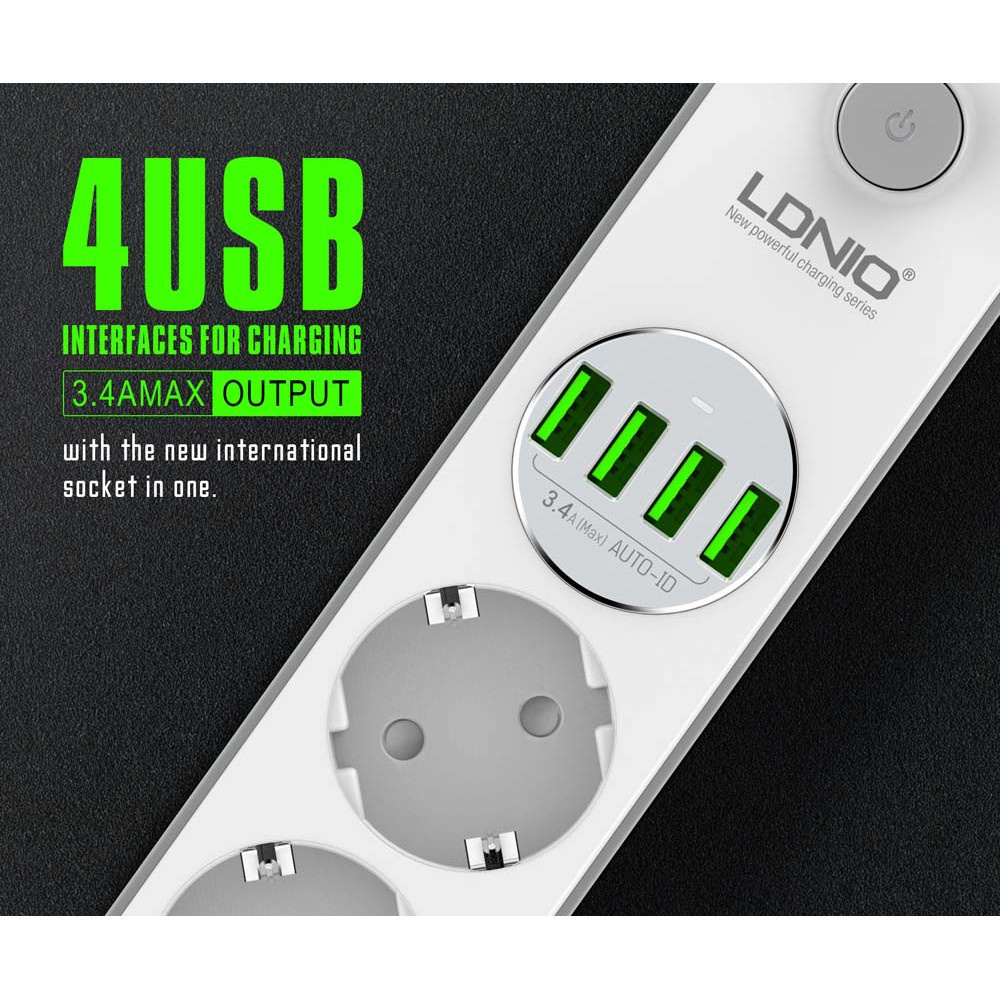 Original LDNIO SE4432 Power Strip with 3 EU AC Sockets 4 USB Ports EU Plug