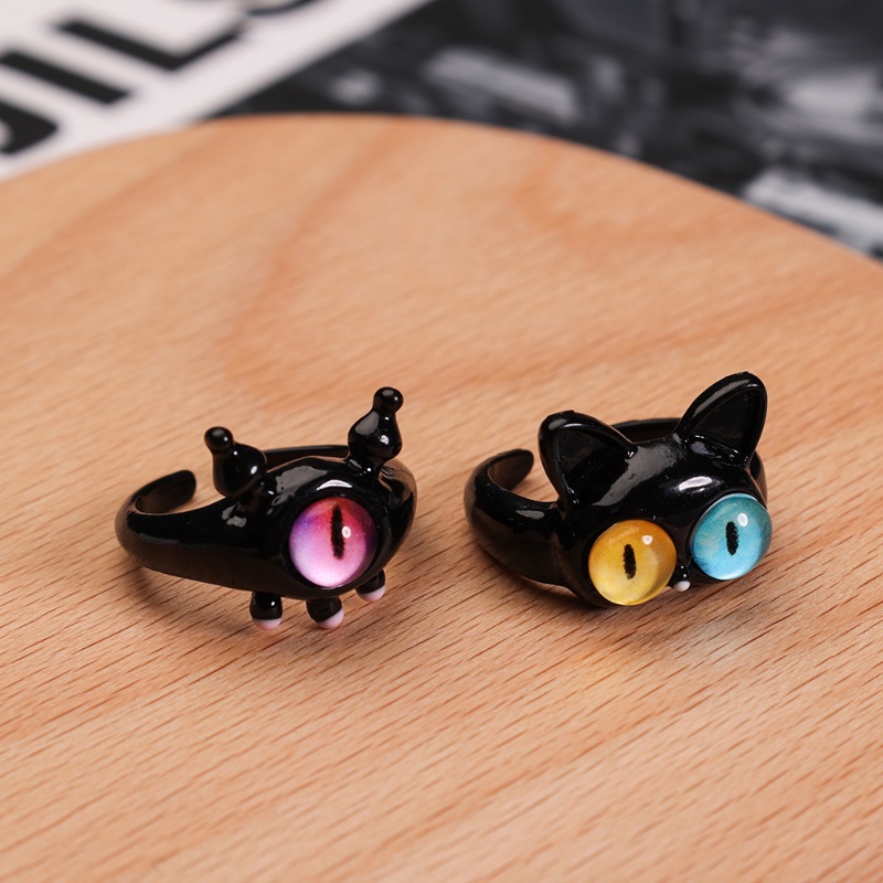 Baru Lucu Kartun Kucing Merah Muda Kelinci Evil Eye Opening Rings Wanita Gadis Harajuku Warna-Warni Monster Devil Eyes Jari Cincin Perhiasan