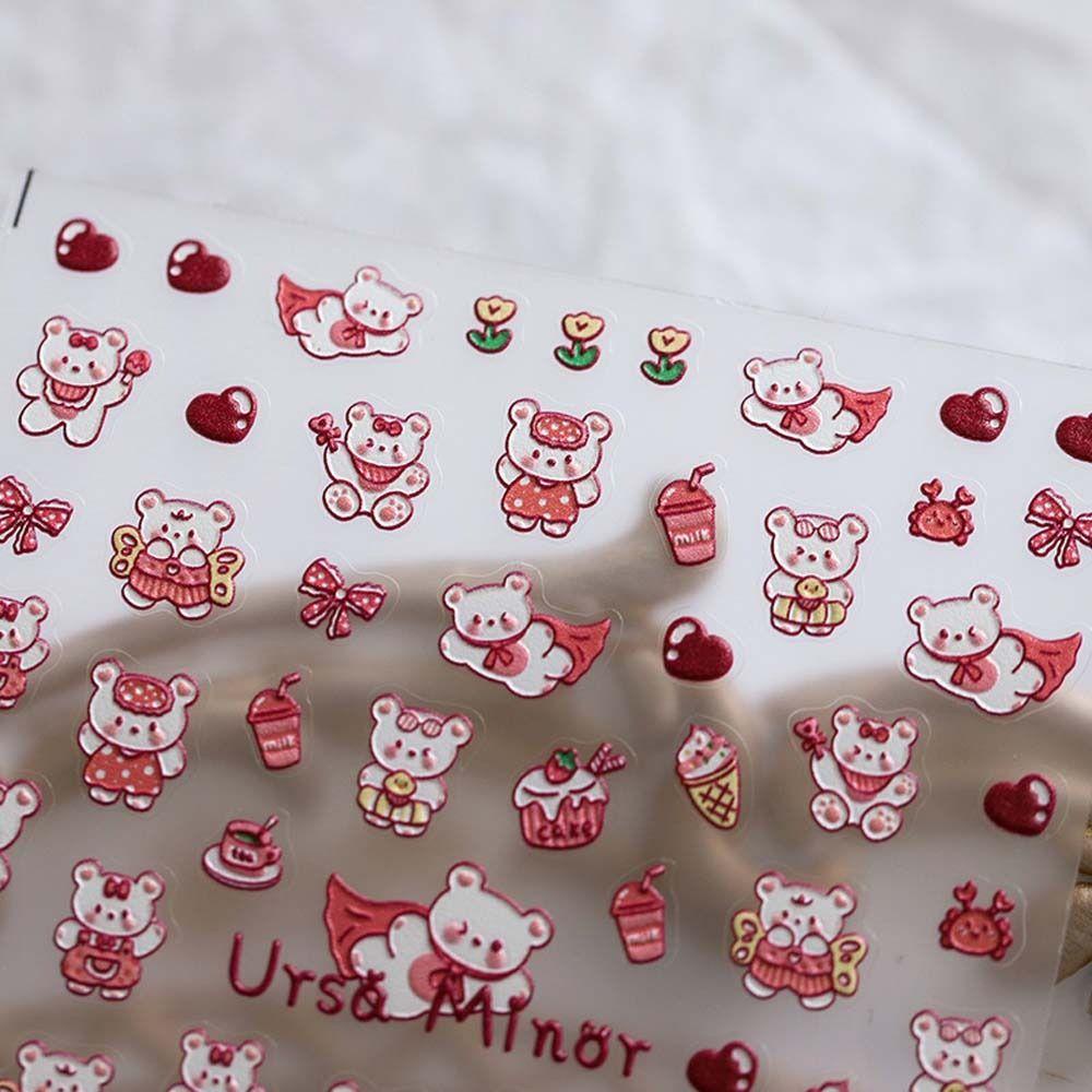 AUGUSTINA Agustina Stiker Kuku Lucu Relief Cinta Hati Manicure Kartun Beruang Dekorasi Kuku Untuk Wanita