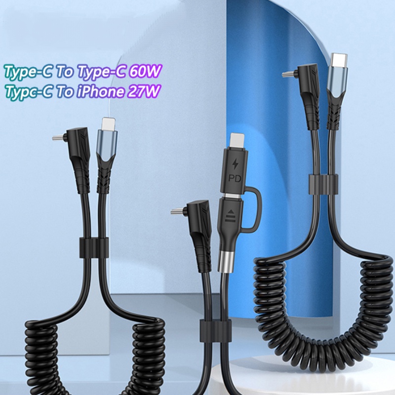 3a PD 60W 2in1 Spring Expansion Elbow Fast Type-C Charging Cable Kabel Charger USB C Portabel Untuk Iphone Samsung