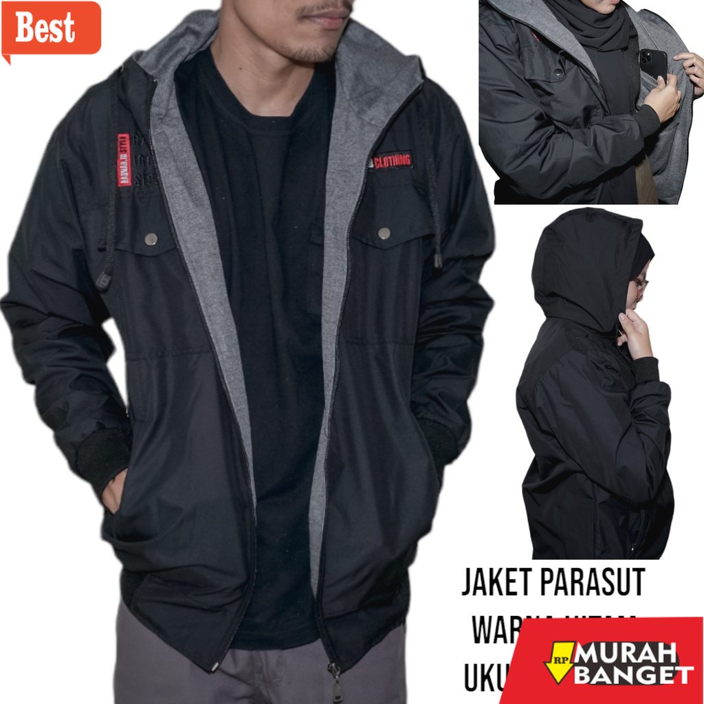 Jaket parasut pria terbaru- JAKET SEMI PARKA BOLAK BALIK WATERPROOF BLACK JAKET PARASUT PRIA ANTI AI
