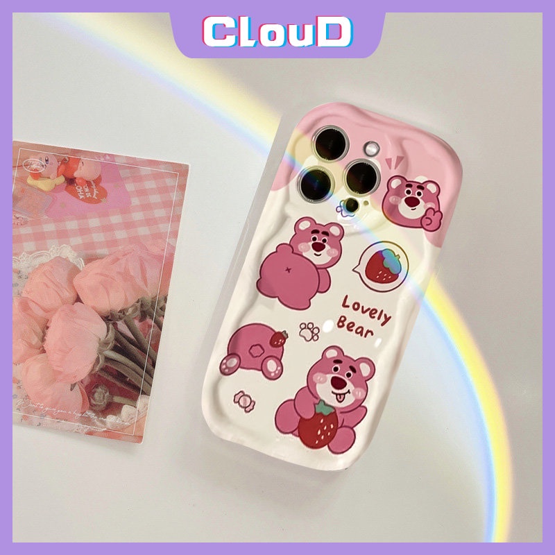 Case Untuk Redmi Note11 10 10s 11s 9 10C 8 12 A1 POCO M3 Redmi 10 A2 9A 9 10A 9T 9C 9C NFC Note9Pro 10Pro Max Plus Strawberry Bear Kartun Manyo 3D Casing Tepi Lengkung Bergelombang