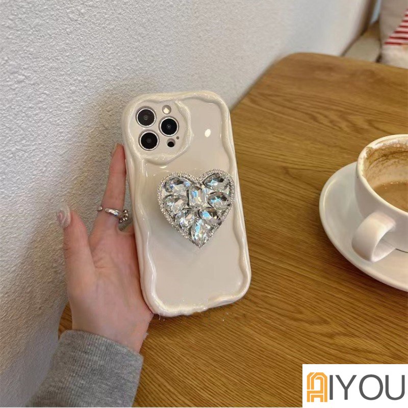 IPHONE Mewah Bling Berlian Love Heart Phone Grip Tok Griptok Korea Holder Phone Case Untuk Iphone11 12 13 14 Pro Max7 8 Plus 11Pro X XR XS MAX Se2020 2022 Casing Ponsel Gelombang Lucu