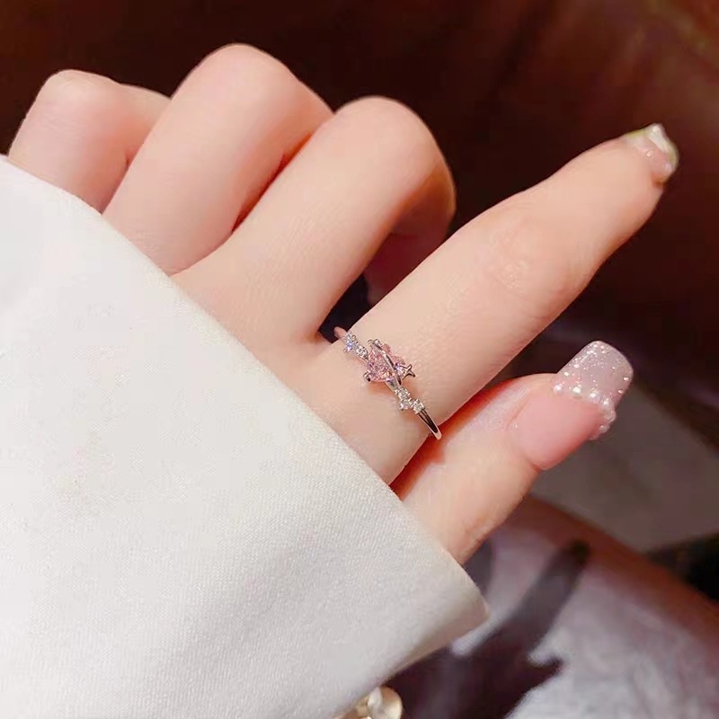 Ahellogirl Jepang Manis Merah Muda Zirkonium Cinta Cincin Perempuan Cahaya Mewah Desain Niche Fashion Kepribadian Cincin Jari Telunjuk Cincin Mahasiswa Pacar