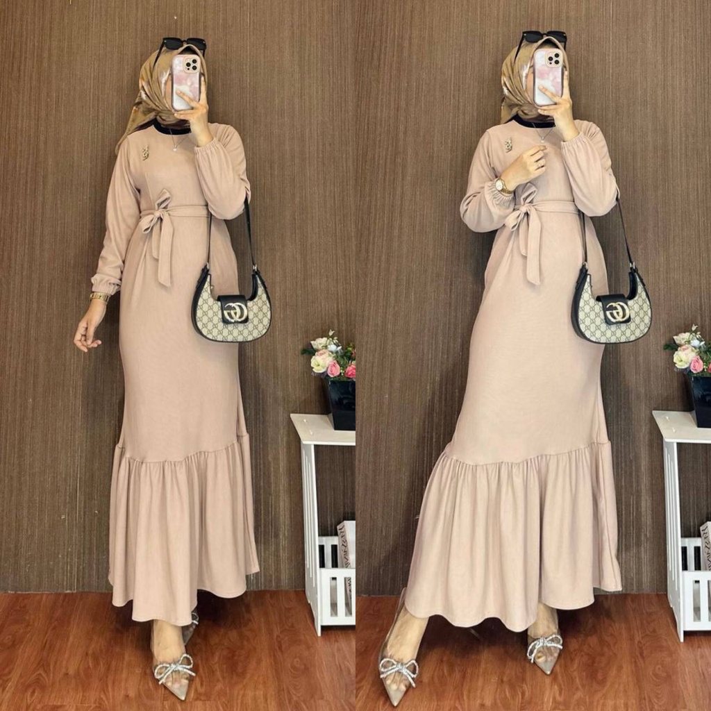 Samara Dress Wanita Knit Salur Premium Gamis Terbaru Lengan Panjang Baju Muslim Rempel Polos Kekinian LD 110 cm