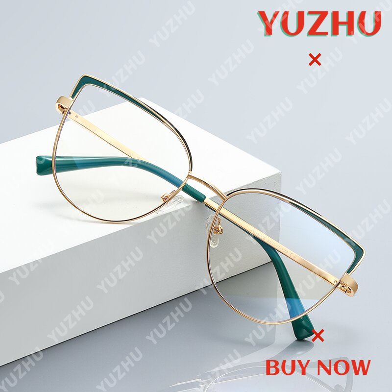 (YUZHU) Ins Gaya Cat Eye Metal Eyeglasses Pribadi Mode Musim Semi Kuil Anti Cahaya Biru Eyeglasses Female