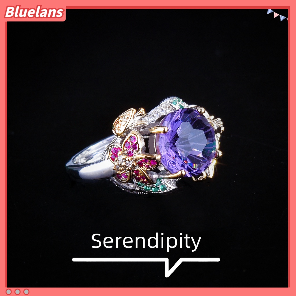 [BLS] Cincin Berlian Ungu Potongan Kerja Hias Tangan Dua Warna Emas Dengan Bunga Warna-Warni Dan Membuka Cincin Harta Karun Berwarna