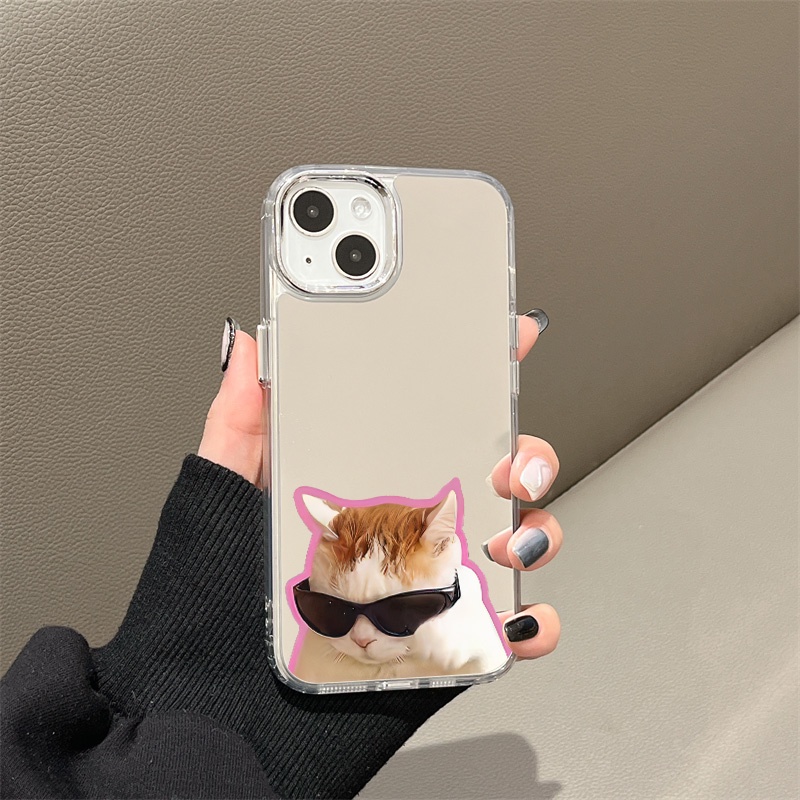 IPHONE Kacamata Hitam Lucu Cat Mirror Phone Case Kompatibel Untuk Iphone11 12 13 14 12Pro 13Pro 14Pro Pro Max XR X XS Max Electroplating Tombol Perlindungan Mirror Cover