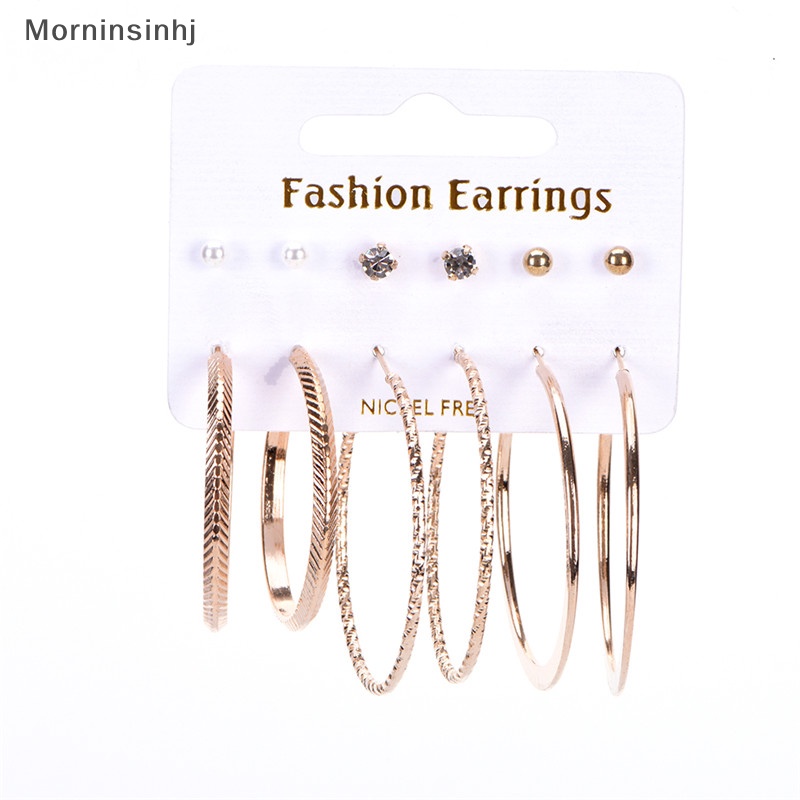 Mornin Elegan 6pasang Anting Set Berlian Imitasi Stud Bola Hoop Earrings Set Perhiasan Hot id