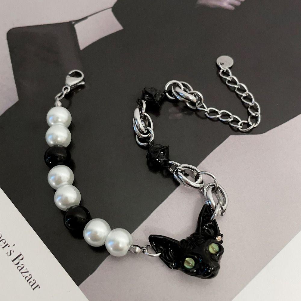 Mxbeauty Hitam Kucing Gelang Kalung Kepribadian Manis Mutiara Manik-Manik Y2K Sweater Rantai Street Wear Gaya Korea Perhiasan Aksesoris Untuk Wanita