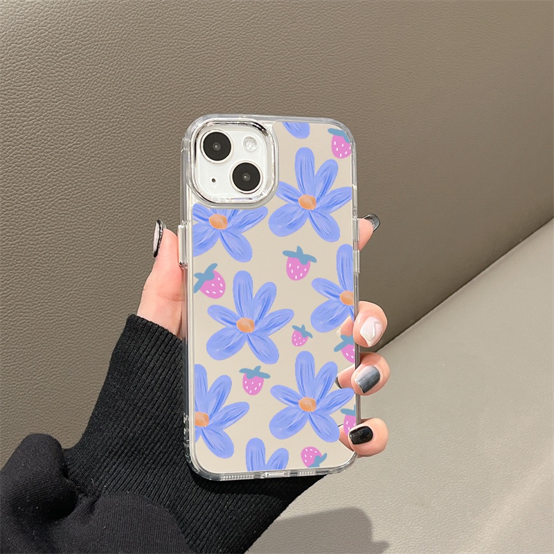 IPHONE Casing Ponsel Cermin Bunga Strawberry Biru Ungu Kompatibel Untuk Iphone11 12 13 14 12Pro 13Pro 14Pro Pro Max XR X XS Max Electroplating Tombol Perlindungan Mirror Cover