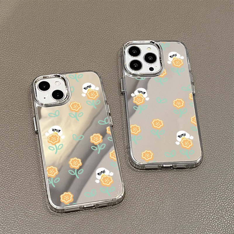 IPHONE Casing Ponsel Cermin Bunga Kuning Kompatibel Untuk Iphone11 12 13 14 12Pro 13Pro 14Pro Pro Max XR X XS Max Electroplating Tombol Perlindungan Mirror Cover